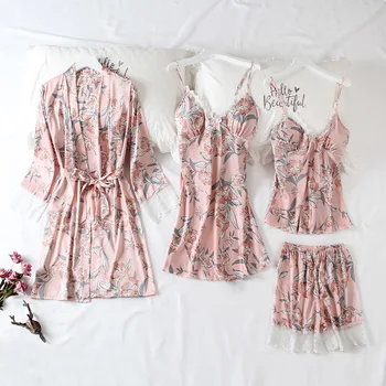 Õie Printida Pidžaama Komplekt Naistele 4TK Sleepwear Satiin Kimono Naiste Kleit Siidine Magada Set Pidžaamad Sobiks Homewear, Mille Rinnal Pad