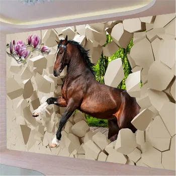 Beibehang Modern photo wallpaper 3D stereoscopic horses galloping into the room wallpaper the living room TV backdrop restaurant