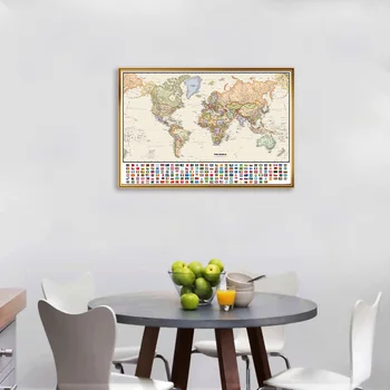 Maailma Poliitiline Kaart, millel Riikide Lippe Vintage Lõuendile Maali Seina Art Plakat Klassiruumis Home Decor Lastele koolitarbed