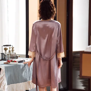Siidist pidžaama naiste suvine seksikas jää silk traksid kaks rõivakomplekti kodus kandma prantsuse pitsi nightgowns hommikumantel