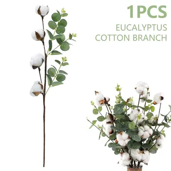 1TK Kuivatatud Cotton Flower Eukalüpt Jäta Kunstlik Taimed Õie Filiaal Pulmapidu Teenetemärgi Võltsitud Lilled Home Decor