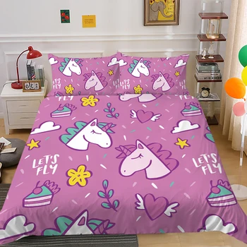 Cartoon Ükssarvik Voodipesu Komplekt Tüdrukutele Tekikott Set Ideaalne Kodu Bedclothes Kuningas Kuninganna Full Double Suurus Tuba Decor