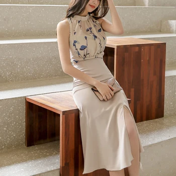 Uus, 2 Tk Komplekt Naiste Suvel Prindi Särgid, Pluusid Ja Kõrge Vöökoht Split Ruffles Seelikud Korea Stiilne Office Lady Ülikond