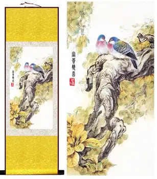 Lindude ja lillede maalimine siidimaali, värvimine traditsiooniliste lindude ja lillede maali Hiina linnud