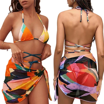 3tk Supelrõivad Bikinis Komplekti Õie Prindi/ Solid Color Strappy Bikiinid, Topid+ Aluspüksid+ Mini Seelik Naiste Ujumine Ülikond 2021