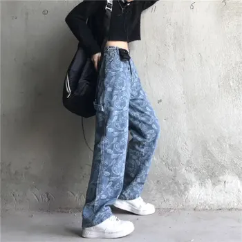 ZOTTSOZ korea Vabaaja Harajuku Sall Teksad Naiste Kõrge Vöökoht Lahti Sirge Denim Püksid Mood Vintage Streetwear Püksid