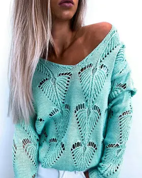 Donsignet Naiste Kampsun Uus Mood V-kaeluse Pullover (Solid Color Õõnes Lihtne Juhuslik Pikkade varrukatega Kampsun Naiste Rõivad