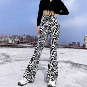 2021 Suvel Uus Mood Lahvatas Püksid Sebra Triibud Prindi Alasti Mood Naiste Kõrge Vöökoht Zebra Bell-bottom Pükse Vaba aeg