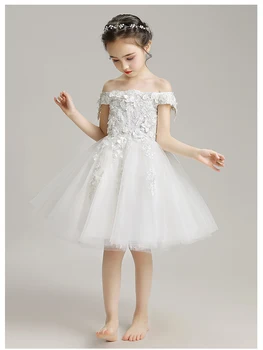 Maha Õla Tikandid Lill Printsess Tüdruk Kleit Valge Tüll Pulmi, Sünnipäeva Kleit Väikelapse Tüdrukute Võistlused Õhtusöömaaeg Kleit