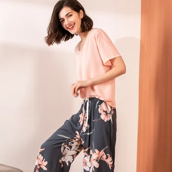 Suvel 2021 uus naiste V-kaeluse lehe print sobiks daamid puuvill siid lihtne stiil pidžaama lahti pehme homewear