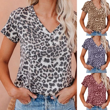 Suvel Leopard Printida Naiste T-Särk Lühikeste varrukatega V-kaelus T-särk Vabaaja Top Naiste T-särk Femme Camisetas De Mujer
