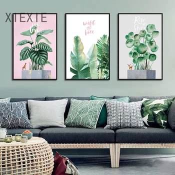 Rohelised Lehed, Taimed, Lõuend Dekoratiivne Maal Akvarell Põhjamaade Stiilis Palm Abstraktse Prindi Plakat eest elutuba Maja Decor