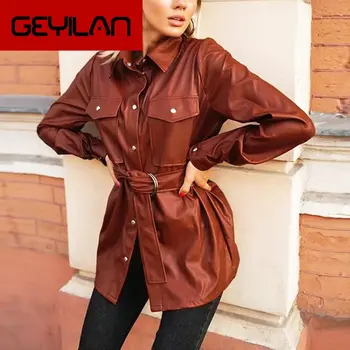 Vintage PU nahast naiste särgid Põhjuslik Turn-down) krae pluus särk vööga, Sügis-talv stiilne tasku särk tops 2020