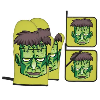 4tk Köök Kindad Isolatsioon Pad Käsitsi Joonistatud Monster Mask Toiduvalmistamis Mikrolaineahi Kindad Küpsetamine BBQ Ahi Potholders Ahju Sõrmedeta kindad