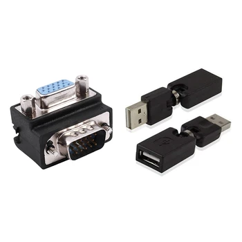 1x 15-Pin VGA Meeste ja Naiste M/F Parem Nurk Adapter & 2x USB 2.0 Type A Male to Type A Female Nurga Laiendamine Adapter