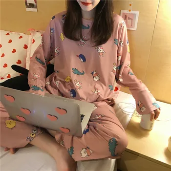 Uus Pidžaama Komplekt Naiste Sügis Cute Cartoon Prindi Pajama Set Naiste Kaks tükki Pikad Varrukad Sleepwear Naine Kodus Riided Tüdruk