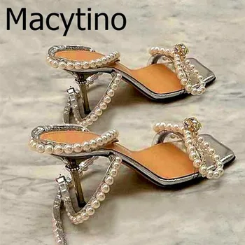 2020 naiste kingad, sandaalid õhuke kõrge kontsaga kingad suvel pulm kingad sära teemant, pärl kikilips open-toe paksud kontsaga kingad