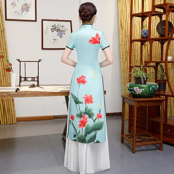 Hiina Stiilis Lühikesed Varrukad Õie Printida Qipao Naine Elegantne Pikk Cheongsam Tulemuslikkuse Suvine Kleit 2021 Pluss Suurus S-5XL