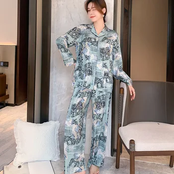 Silk Pajama Komplekt Naistele, Pikk Varrukas Kampsun, Sleepwear Set Trükitud Naiste Koju Riideid Seksikas Pluss Suurus Riided Nightgowns