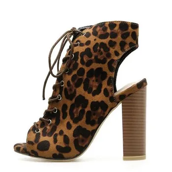 Naiste kingad Suvel Karja Lace Up Square kanna 11.5 cm Peep Varba naiste kingad paks kõrge kontsaga rihm leopard kala suu sandaalid