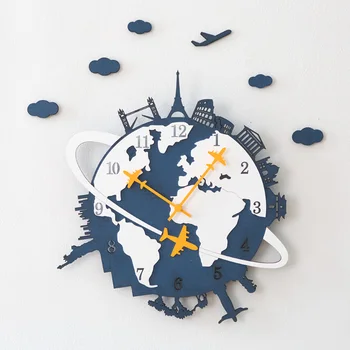 Suur Cartoon Kella Puit Põhjamaade Maailma Kaart Creative Kaasaegne Disain Seina Vaadata Elutuba Horloge Murale Vaikne Kellad
