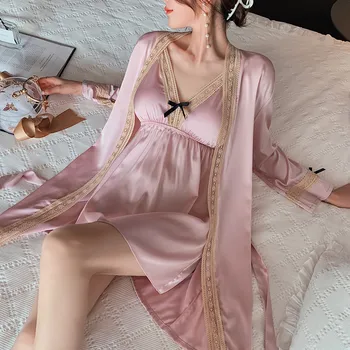 Seksikas Pits Nightwear Suvel Uus Hommikumantel Kleit Naiste 2TK Satiin Kimono Hommikumantel Sätestatud Intiimne Pesu Vabaaja Kodus Kandma Sleepwear