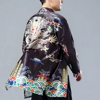 Traditsiooniline Hiina Stiilis Meeste Dragon Trükitud Kimono Jakk Seista Krae Õhuke Kampsun, Avatud Lõhik Lahti Kevad Mantel