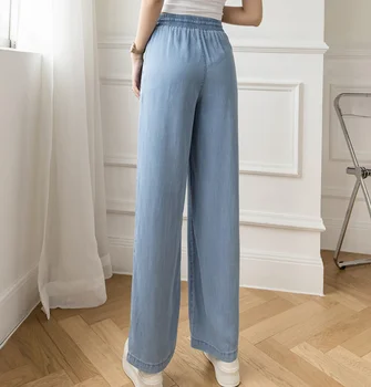Naiste Kevad-Suvel Lai Jalg Tencel Denim Püksid 2021 Vabaaja Elastne Kõrge Vöökoht Split Pant Streetwear Naiste Pikad Püksid