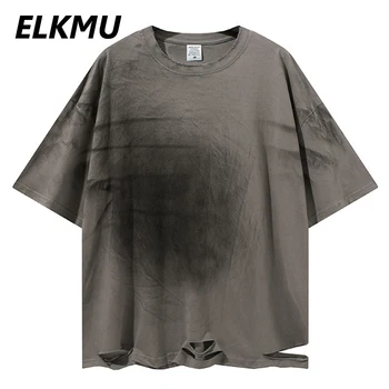 ELKMU Streetwear T-särk Lõigatud Disain Mood Vintage Tshirt Mehed Suvel Tops Tees Lühikesed Varrukad Mens Mõõdus Särk Puuvillane HM181