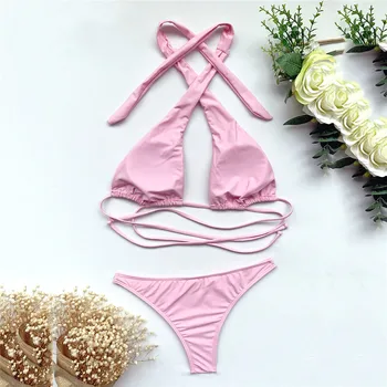 Roosa Päitsed Bikinis Set Seksikas Maha Õla Supelrõivad Naiste Push Up Ujumistrikoo Kõrge Lõigatud Thong Trikoo Biquinis Bikiinid 2021 Mujer