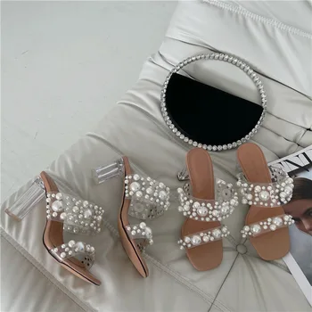Uus Läbipaistev PVC String Pärlitega Kingad Naine, Mood Avatud Varvas Sussid Crystal Perspex Kontsad Slaidid Beach Sandale Femme