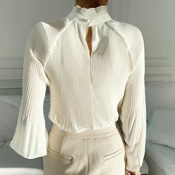 Naiste särk 2021 moedisain stand-up krae, plisseeritud käsitöö lahti ja kergelt läbipaistev valge latern varrukas särk naistele
