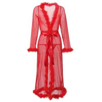 Pikk Võre Õhuke Pikk Kimono Hommikumantel Seksikas Naiste Läbipaistev Pesu Hommikumantel Erootiline Nightgowns Pruudi Sleepwear Karvkattega