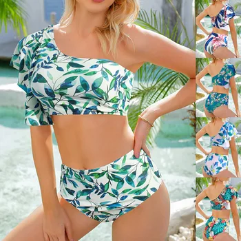 Seksikas Ruffle Bikinis Naiste 2021 Uusi Üks Õlg Supelrõivad Kõrge Vöökoht Ujumistrikoo Sidemega Ujumispüksid Beach Kanda Biquini Naine