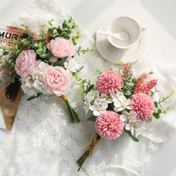 Roosa Hydrangeas Silk Eukalüpt tehislilled Pulm Lilled Pruut Käsi Silk Õitsev Võltsitud Lilled Kodu Kaunistamiseks