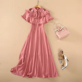 Euroopa ja Ameerika Ühendriikide naiste riided Uued Suve-2021 tikitud varjatud volang Mood roosa varrukateta kleit