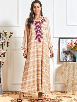 Elegantne Abaya Embrodiery Maxi Kleit, Triibuline Moslemi Aafrika Dashiki Kimono Pikk Rüü Hommikumantlid Ramadan Eid Lähis-Ida Araabia Islami