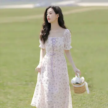 Vintage Kawaii Õie Midi Korea Naiste Kleit Elegantne Magus Prindi Lühikese Varrukaga Kleidid Cottagecore Romantiline Sidemega Kleidid 2021