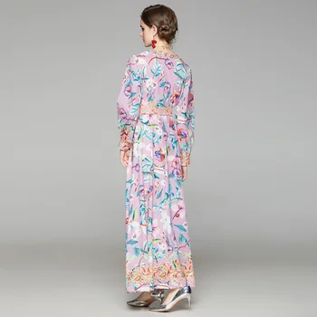 Uus 2021 Kevadel Raja Disainer Kleit Lady Vibu Vöö Vintage Trükkimine V-Kaelus Pikk Varrukas, Slim Naiste Pahkluu Pikkus Maxi Kleit