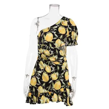 2021 hot müük lemon print ruffled plisseeritud seelik seksikas kaldus õlad disain kleit