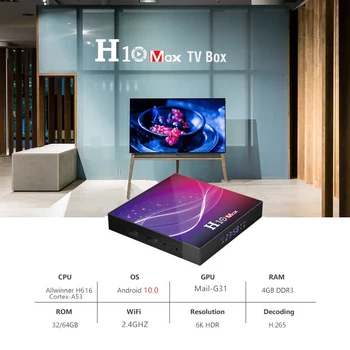 H10 Max TV Box Smart Media Player 4GB+64GB Android OS 10.0 2.4 G WIFI 6K HDR 4K digiboksi H616 TV Box