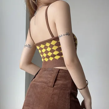 90s Vintage Naiste Argyle Silmkoelised Camis Crop Top Suve Riideid Seksikas Varrukateta Backless Tank Top E-tüdruk Streetwear Mini Vest
