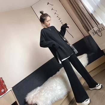 Korea Stiilis Koo Naiste Kampsun Kostüüm Paks Crewneck Talvel Pluss Suurus Vabaaja Lahti Pullover Kampsunid, 2 Tk Komplekti Tõmba Femme