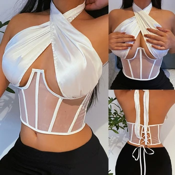 Naiste Sexy Risti Päitsed Backless Crop Top Cutout Õhuke Võrgusilma Õhuke Korsett Camisole Rist Pits-Up Tagasi Bustier Vest