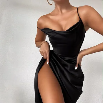 Naiste Temperament Must Kleit Seksikas Lõhik Midi Kleidid Satiin Kangast OL Suve Riided 2021 Rihmad Pool Vestidos Pikk Rüü Femme