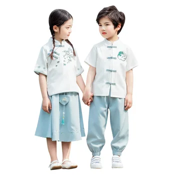 Armas Kooli Ühtse Hiina Stiilis Vintage Õie Tikandid Tüdrukute Valge Lühike Cheongsam Tops Sinine Pikk Kleit Poisid Tang Ülikond