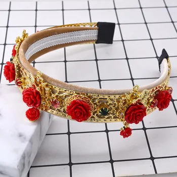 2019 Euroopa Kohus Vintage Kuldne Hairbands Naiste Luksus Punane Lill Rhinestone Peakatet Crown Juuksed Tarvikud Elegantne Peapael