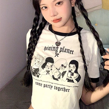 Gooti Punk Tume Koomiksid Kirjas Trükitud T-Särgid Puuvill Naiste Sexy Latva Kärpida Kõhn Streetwear Lühikesed Varrukad Suvel Korea Fashion