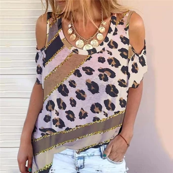 2021 Suvel Naiste Pluus Seksikas Leopard Printida Lühike Varrukas Ülevalt Külm Õla Casual Särk Lahti Lady Tee Pluus Camisetas De Mujer