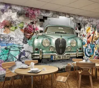 3D Tapeet Klassikaline auto, käsitsi maalitud graffiti seina 3D stereo seina-läbi instrumentaarium, restoran, baar taust wall decor kohandatud